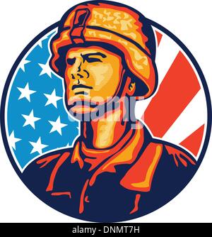 Illustration of an American soldier military serviceman looking forward with USA stars and stripes flag in background set inside circle. Stock Vector