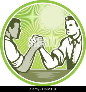 Illustration of two businessman officer worker engaged in an arm wrestle viewed from side set inside circle done in retro woodcut style. Stock Vector