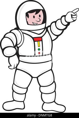 illustration of an astronaut standing and pointing facing front done in cartoon style. Stock Vector