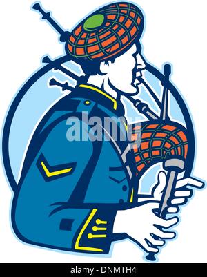 Illustration of a scotsman bagpiper playing bagpipes viewed from side set inside circle. Stock Vector