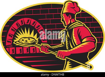 Illustration of a baker with long handled bread pan baking pizza into wood fire oven done in retro woodcut style set inside ellipse. Stock Vector