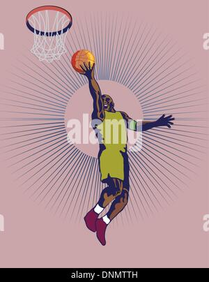 Illustration of a green basketball player dunking ball. Stock Vector