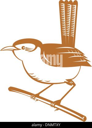 Illustration of a wren bird perched on branch done in retro woodcut style. Stock Vector