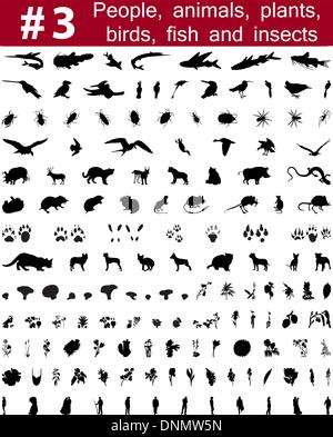 Set # 3. Big collection of collage vector silhouettes of people, animals, birds, fish, flowers and insects Stock Vector