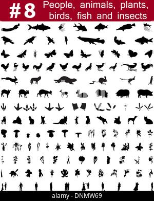 Set # 8. Big collection of collage vector silhouettes of people, animals, birds, fish, flowers and insects Stock Vector
