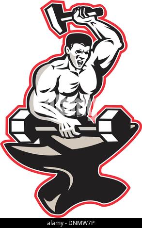Illustration of a blacksmith with hammer forging striking a barbell dumbbell on anvil on isolated white background done in retr Stock Vector