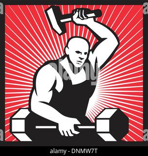 Illustration of a blacksmith with hammer forging striking a barbell set inside Stock Vector