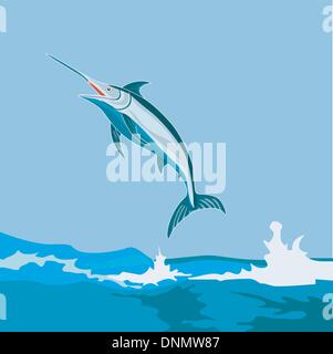 Illustration of a blue marlin fish jumping done in retro style. Stock Vector