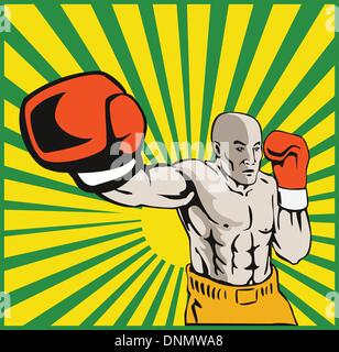 Illustration of a boxer jabbing punching front view done in retro style Stock Vector