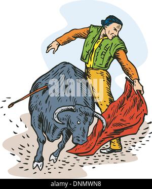 Illustration of a matador bullfighter with cape done in retro style. Stock Vector