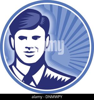Illustration of a businessman facing front smiling done in retro woodcut style set inside circle. Stock Vector