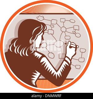 Illustration of a female presenter office worker businessman teacher writing presenting making presentation writing on white board with complex diagrams and mind maps done in retro woodcut style. Stock Vector