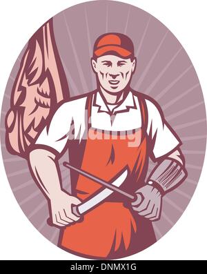 illustration of a meat butcher with knife and sharpener done in retro style set inside a circle with sunburst Stock Vector