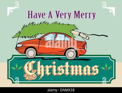 Greeting card poster illustration showing a christmas tree on top of vintage station wagon automobile with gifts presents in the car boot and words Have a very merry christmas'.' Stock Vector