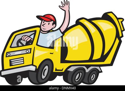 Illustration of a construction worker driver driving a cement truck done in cartoon style. Stock Vector