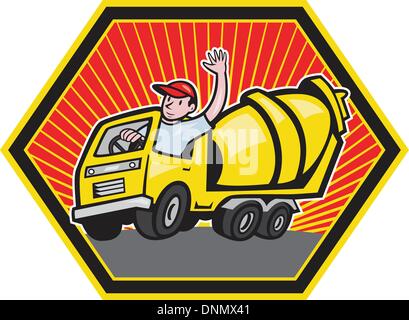 Illustration of a construction worker driver driving a cement truck done in cartoon style. Stock Vector