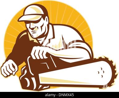 illustration of an arborist tradesman cutter holding a chainsaw viewed from front with sunburst and circle on isolated background Stock Vector