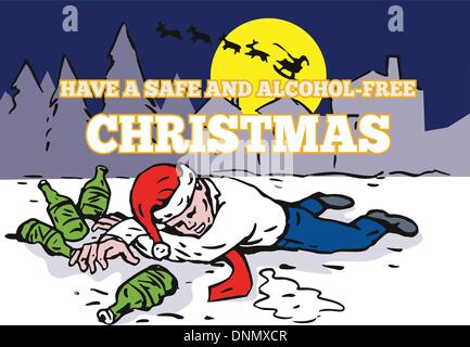 Greeting card poster illustration showing a drunk male office worker employee lying on the snow ground with bottles of beer and Stock Vector