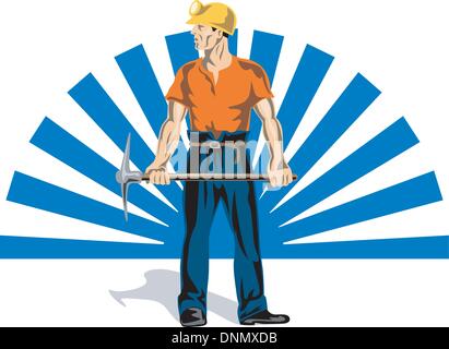 Illustration of a coal miner with pick axe at work done in retro woodcut style. Stock Vector