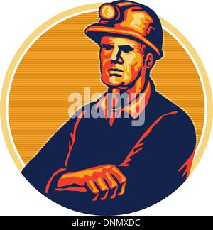 Illustration of a coal miner wearing hardhat arms folded facing front set inside circle done in retro style. Stock Vector