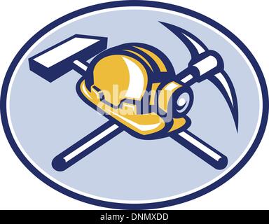Illustration of a coal miner's hardhat with crossed pick axe and sledge hammer set inside ellipse done in retro style. Stock Vector