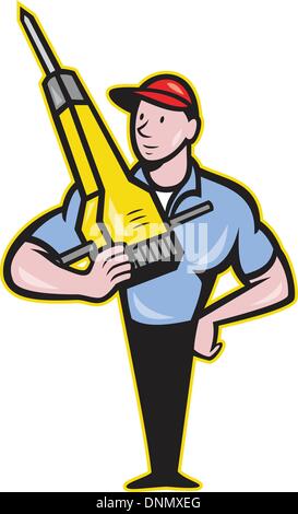 Illustration of a construction worker with jack hammer pneumatic drill done in cartoon style. Stock Vector