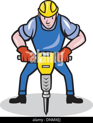 Illustration of a construction worker with jack hammer pneumatic drill done in cartoon style. Stock Vector