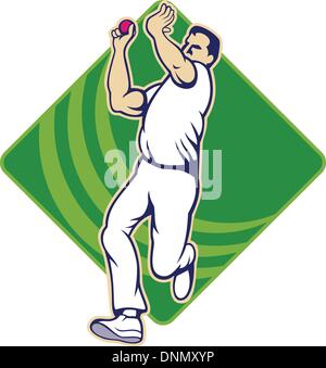 Illustration of a cricket player bowler bowling with cricket ball in background isolated on white Stock Vector