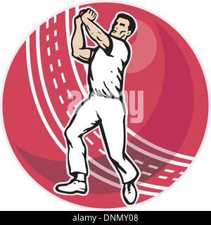 illustration of a cricket player bowler bowling with cricket ball in background isolated on white Stock Vector
