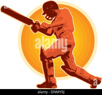 graphic design illustration of a cricket player batsman batting done in retro style Stock Vector