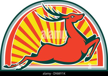 Retro illustration of a stag red deer buck jumping facing side set inside half circle done in retro style. Stock Vector