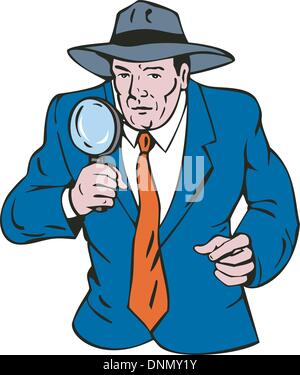 Illustration of detective with magnifying glass done in retro style. Stock Vector