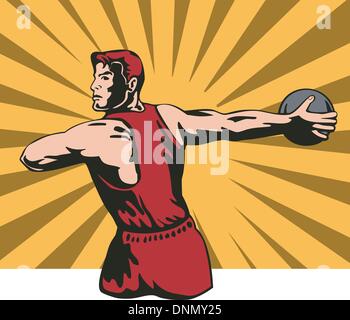 Illustration of athlete discus throwing with sunburst in the background done in retro style. Stock Vector