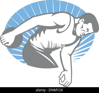 Illustration of an athlete throwing discus throw viewed from side done in retro style inside ellipse with sunburst. Stock Vector