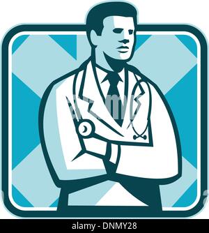 Illustration of a male medical doctor with stethoscope standing facing side set inside square done in retro style. Stock Vector