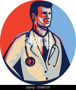 Illustration of a male medical doctor with stethoscope standing facing side set inside oval done in retro style. Stock Vector