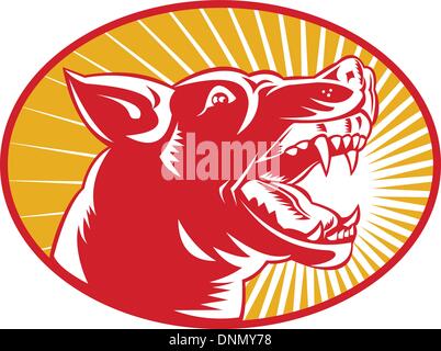 illustration of an angry wild dog wolf growling woodcut set inside oval with sunburst in background Stock Vector