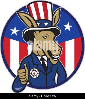 Illustration of a democrat donkey mascot of the democratic grand old party gop wearing hat and suit thumbs up set inside American stars and stripes flag circle done in cartoon style. Stock Vector