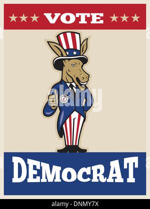 Illustration of a democrat donkey mascot of the democratic grand old party gop wearing hat showing thumbs up and American stars Stock Vector