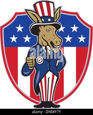 Illustration of a democrat donkey mascot of the democratic grand old party gop wearing hat and suit thumbs up set inside American stars and stripes flag shield done in cartoon style. Stock Vector