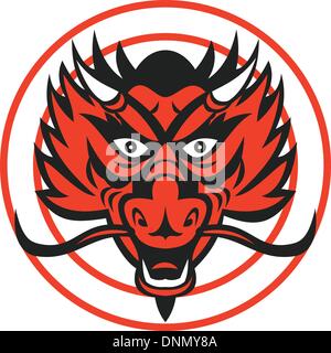 Cartoon illustration of a red chinese dragon head set inside circle on isolated white background. Stock Vector