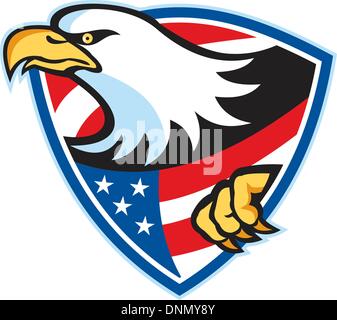 Illustration of an American bald eagle american stars stripes flag set inside shield on isolated white background. Stock Vector