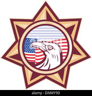 illustration of an American eagle with stars and stripes flag set inside a heptagram seven pointed star on isolated white background Stock Vector
