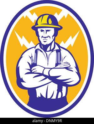 Illustration of an electrician construction worker with arms folded and lightning bolt in background set inside ellipse done in Stock Vector