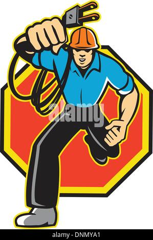 Illustration of an electrician construction worker holding an electrical electric plug with cord running front view set inside hexagon done in retro style in isolated white background. Stock Vector