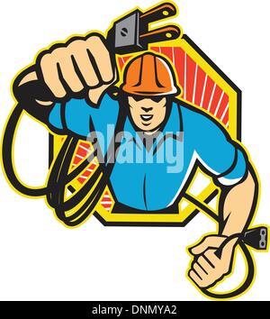 Illustration of an electrician construction worker holding an electrical electric plug with cord front view set inside hexagon done in retro style in isolated white background. Stock Vector