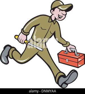illustration of a mechanic with screw driver and toolbox walking done in cartoon style on isolated background Stock Vector