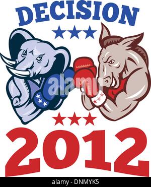 Illustration of a democrat donkey mascot of the democratic grand old party gop and republican elephant boxer boxing with gloves Stock Vector