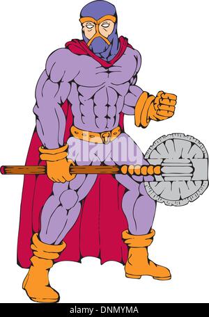 cartoon illustration of an executioner superhero with axe on isolated white background. Stock Vector