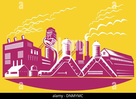 Illustration of a factory building power plant  with smoke stacks done in retro style. Stock Vector